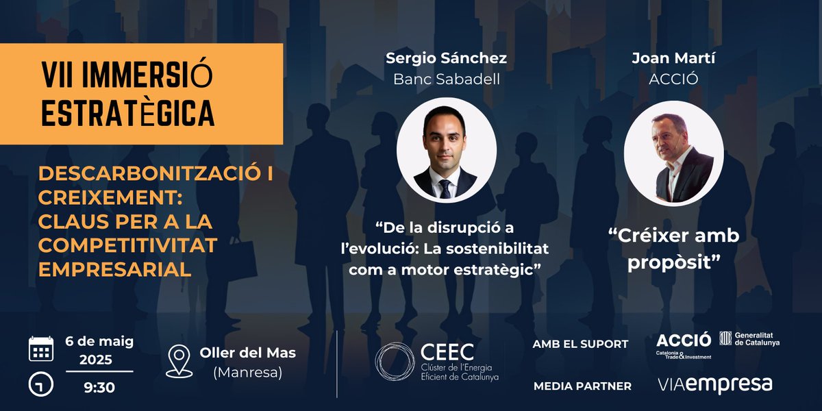 Clúster de l'Energia Eficient de Catalunya (@clusteree) on Twitter photo ➡️Més de 100 inscrits a la 7a Immersió Estratègica del CEEC!🚀
🗓️El 6 de maig ens reunim a l’Heretat <a href="/OllerdelMas/">Oller del Mas</a> a Manresa amb +235 empreses i entitats per abordar un dels grans reptes i oportunitats del moment: la #descarbonització com a motor de #competitivitat i ➡️Més de 100 inscrits a la 7a Immersió Estratègica del CEEC!🚀
🗓️El 6 de maig ens reunim a l’Heretat <a href="/OllerdelMas/">Oller del Mas</a> a Manresa amb +235 empreses i entitats per abordar un dels grans reptes i oportunitats del moment: la #descarbonització com a motor de #competitivitat i