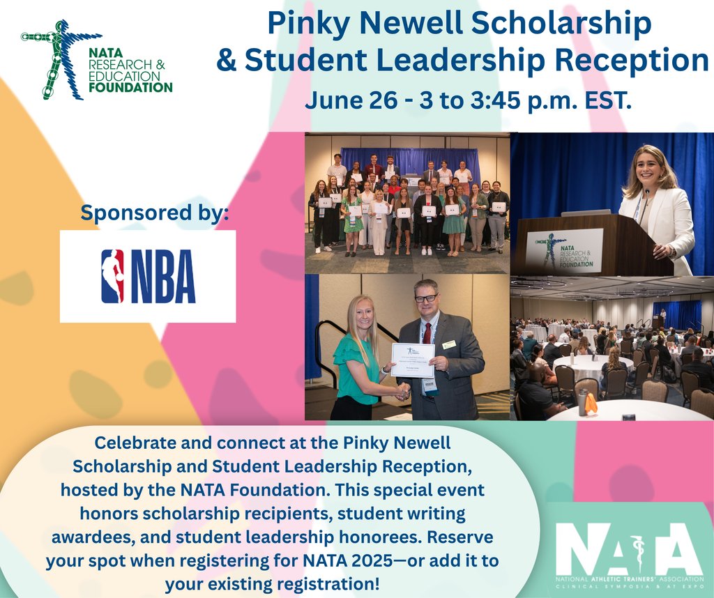 🎉 Headed to #NATA2025 in Orlando?

🏅 Pinky Newell Scholarship &amp; Student Leadership Reception
🗓️ June 26 | 3–3:45 PM EST

📌 Add it to your reg!
🔗 convention.nata.org/foundation

#SupportAT #StudentLeadership