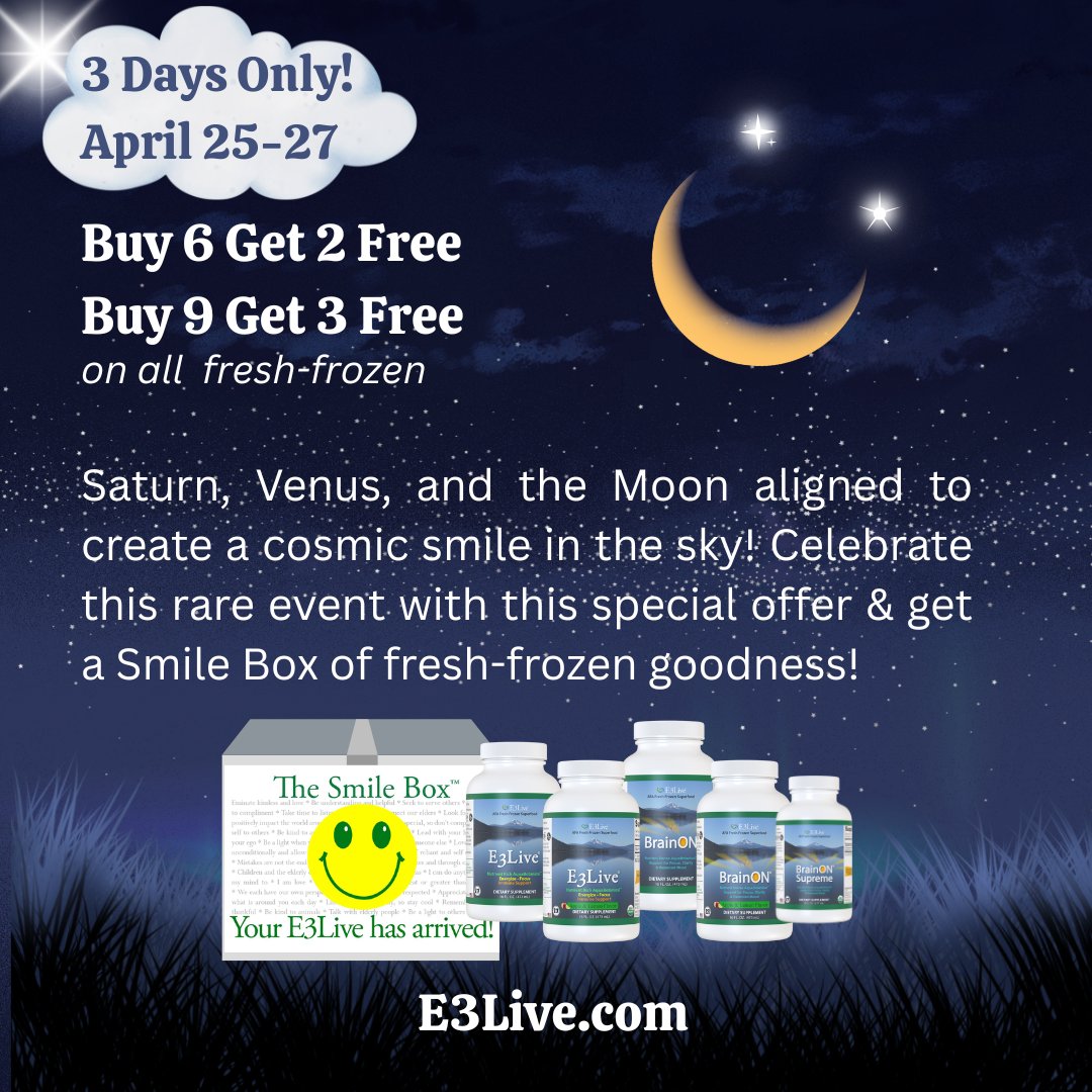 ✨️Smile More, Pay Less! 3 Days Only: April 25-27 Fresh-Frozen Special

✨️Buy 6 Get 2 Free or Buy 9 Get 3 Free

#e3live #brainon #brainonsupreme #brainhealth #smileinthesky #healthyliving #organicnutrition #superfood #plant-based