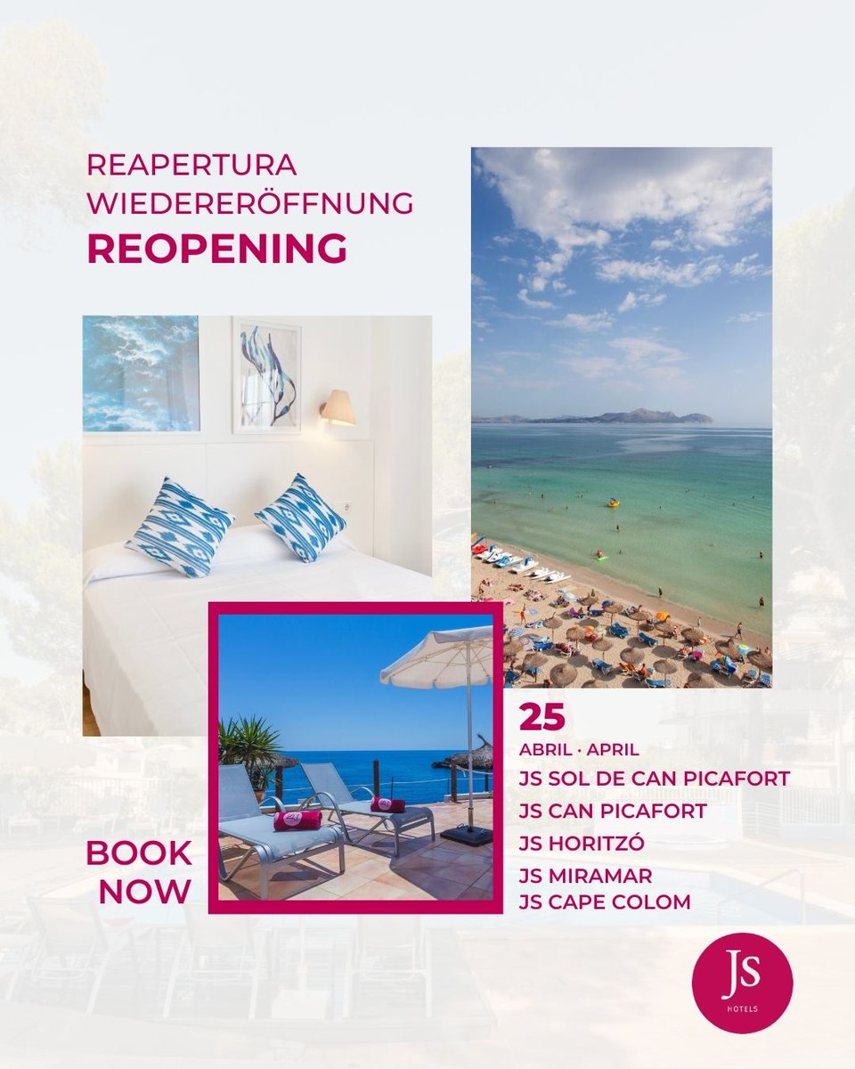 JS_Hotels's tweet image. The season is underway with all our hotels open! 🙌🌴
With the reopening of JS Sol Can Picafort, JS Can Picafort, JS Horitzó, JS Miramar and JS Cape Colom, we welcome a season that has it all. The only thing missing is you!