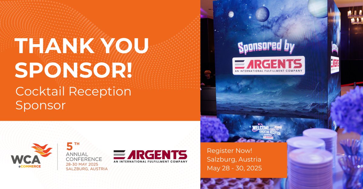 We’re proud to have ARGENTS as our Cocktail Reception Sponsor at the upcoming 5th Annual WCA eCommerce Conference in Salzburg, Austria – May 28-30! 

Don’t miss out on one of the top global eCommerce logistics events.
Register here: ow.ly/aj1X50VHjIc

#WCAeCommerce