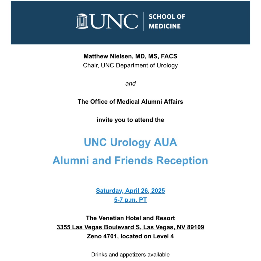 Urology@UNC (@uncurology) on Twitter photo Reminder! 🎉 UNC Urology is hosting an Alumni & Friends Reception during the <a href="/AmerUrological/">Amer. Urol. Assn.</a> Annual Meeting on Saturday, April 26 from 5–7 PM.
We’re looking forward to connecting with you there! 🥂
📍Full details in the flyer below. #AUA2025 Reminder! 🎉 UNC Urology is hosting an Alumni & Friends Reception during the <a href="/AmerUrological/">Amer. Urol. Assn.</a> Annual Meeting on Saturday, April 26 from 5–7 PM.
We’re looking forward to connecting with you there! 🥂
📍Full details in the flyer below. #AUA2025
