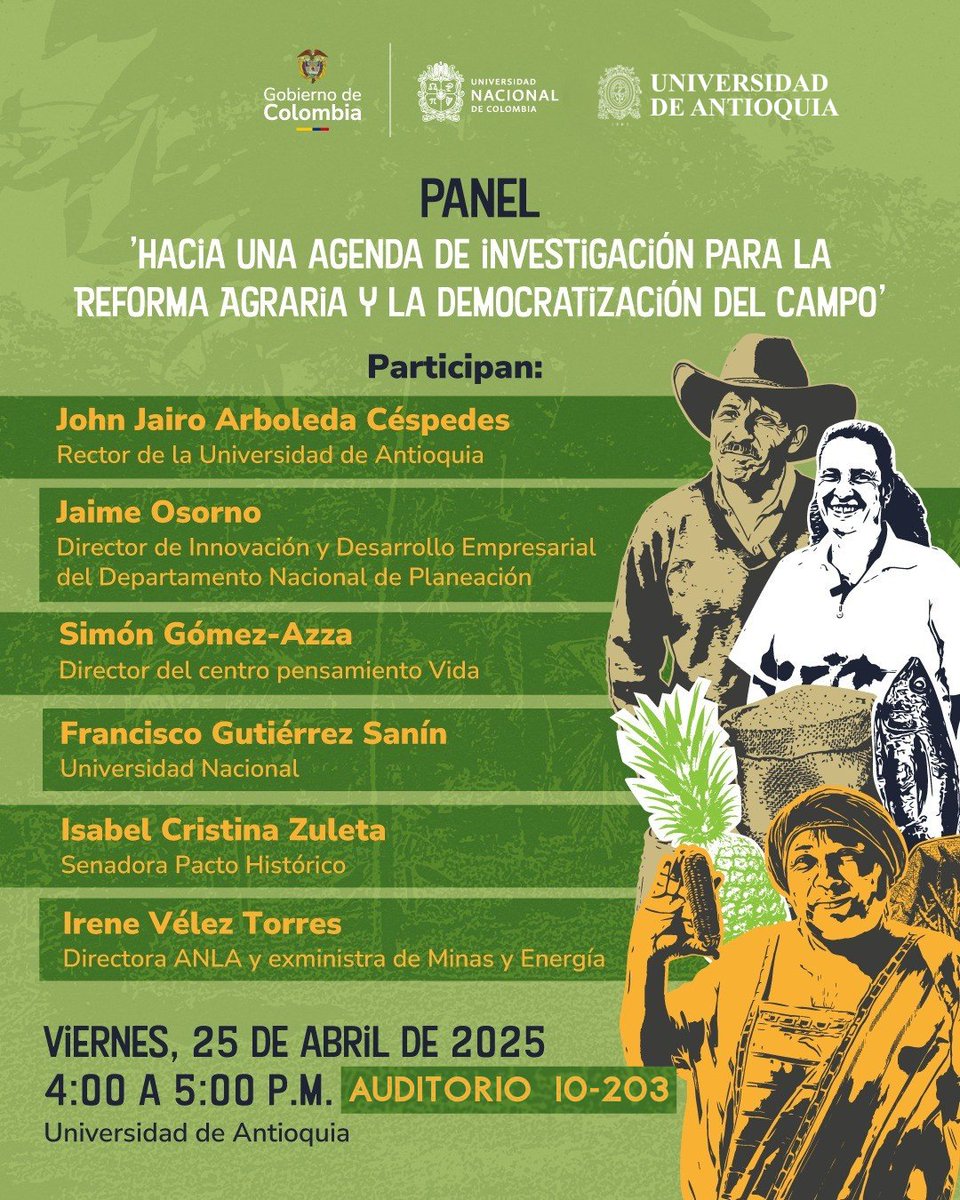 🌿📚 ¡Hoy continúa la conversación! Te esperamos en la segunda jornada del I Encuentro de Académicos e Investigadores hacia el Pacto por la Tierra, el Agua, el Territorio, el Ambiente y la Vida.
🕓 4:00 a 5:00 p.m.
📍 Auditorio 10-203, Universidad de Antioquia.