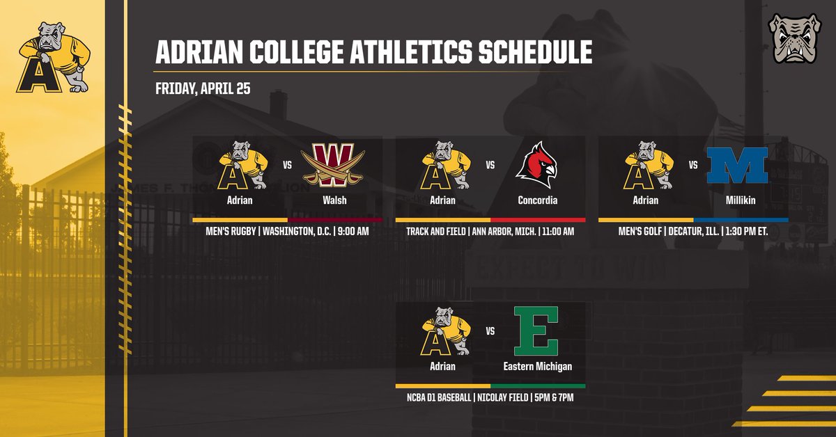 Adrian College Athletics (@adrianbulldogs) on Twitter photo 🚨GAME DAY!🚨
<a href="/ac_mensrugby/">Adrian College Mens Rugby</a>, <a href="/ACBulldogsTrack/">Adrian XC/TF</a>, men's <a href="/ACBulldogGolf/">Adrian College Golf</a>, and <a href="/AC_ClubBaseball/">Adrian College NCBA Baseball</a> all compete today! Find all of today's event information at adrianbulldogs.com
#d3tf #CRC #NCBA #d3golf #GDTBAB 🚨GAME DAY!🚨
<a href="/ac_mensrugby/">Adrian College Mens Rugby</a>, <a href="/ACBulldogsTrack/">Adrian XC/TF</a>, men's <a href="/ACBulldogGolf/">Adrian College Golf</a>, and <a href="/AC_ClubBaseball/">Adrian College NCBA Baseball</a> all compete today! Find all of today's event information at adrianbulldogs.com
#d3tf #CRC #NCBA #d3golf #GDTBAB