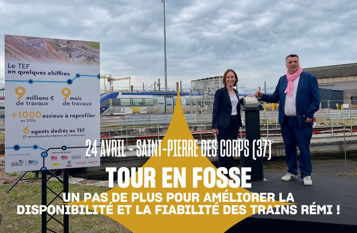 #Mobilités 🚆
La Région Centre-Val de Loire et <a href="/SNCFVoyageurs/">SNCF Voyageurs</a>  lancent les travaux du Tour en Fosse pour entretenir localement 100% des trains <a href="/remi_cvdl/">Rémi Centre-Val de Loire</a> !

✔️ Plus de ponctualité
✔️ 9M€ financés intégralement par la Région
✔️ 1000 reprofilages/an

Mise en service début 2026 🚄