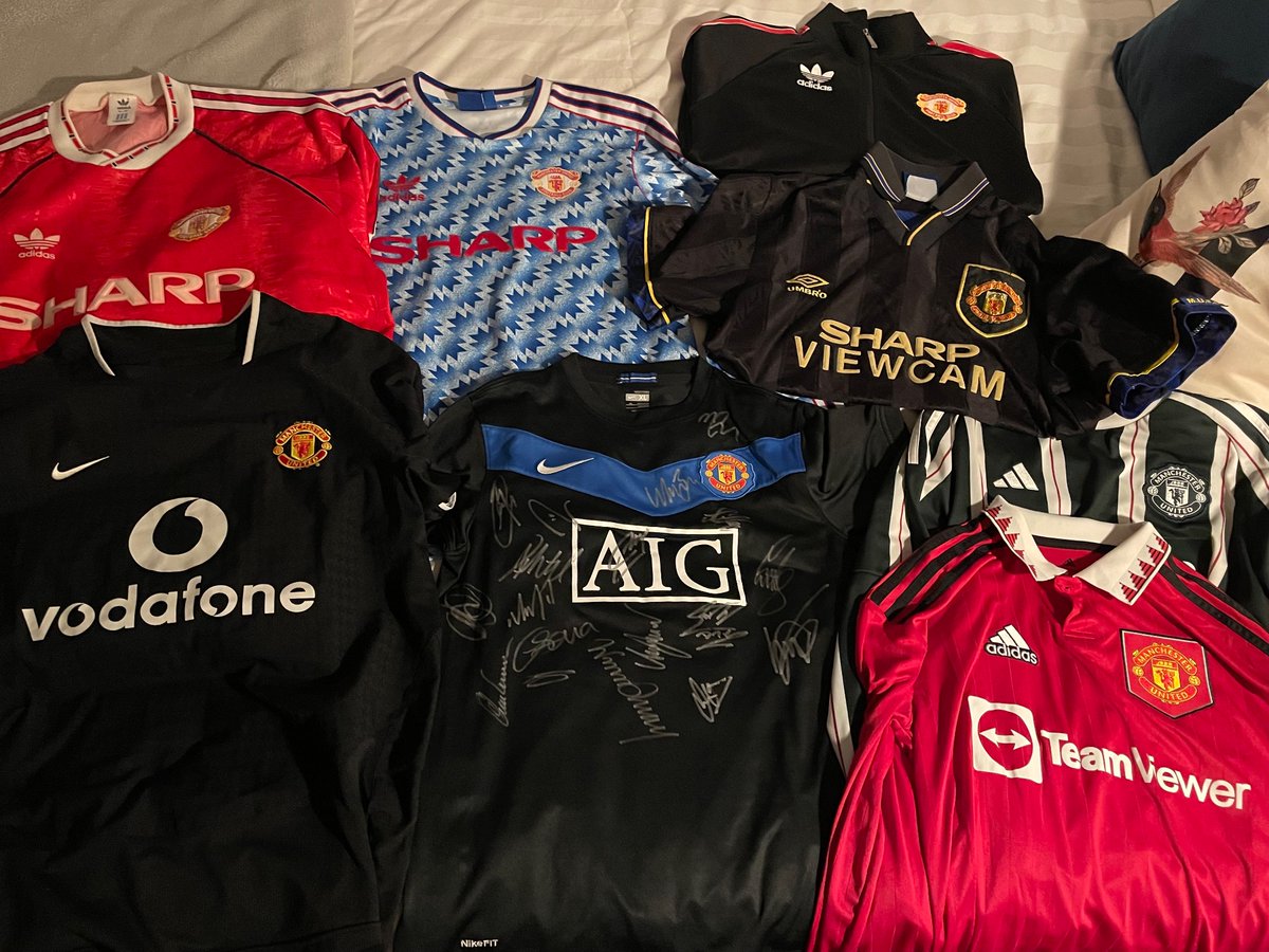 Apparently it’s #FootballShirtFriday here’s a few of my United collection! Top left is my fave from 90-91 season with a very faded 7 on the back for Robbo! I love the kung fu kick away shirt from 95 as well! What’s your most memorable United shirt? #MUFC 🔴⚪️⚫️