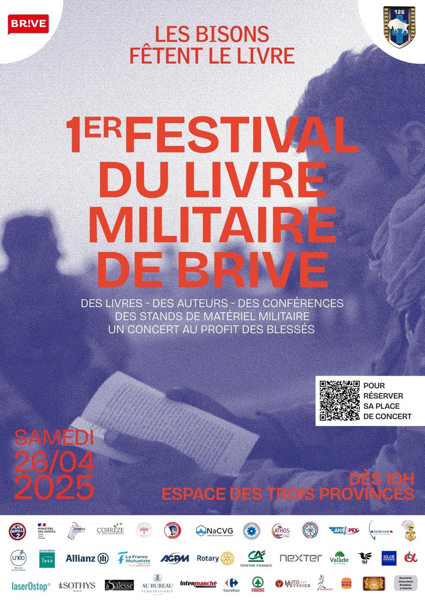 BleuetFrance's tweet image. 📚🪖 Le #BleuetdeFrance est fier d'être partenaire du 1er festival du livre militaire de Brive ce samedi !

Conférences, hommage aux #blessés et concert vous attendent pour une journée riche en découvertes !

📍 Brive-la-Gaillarde
🕙 10h à 20h | 🎟️ Entrée libre (sauf concert)