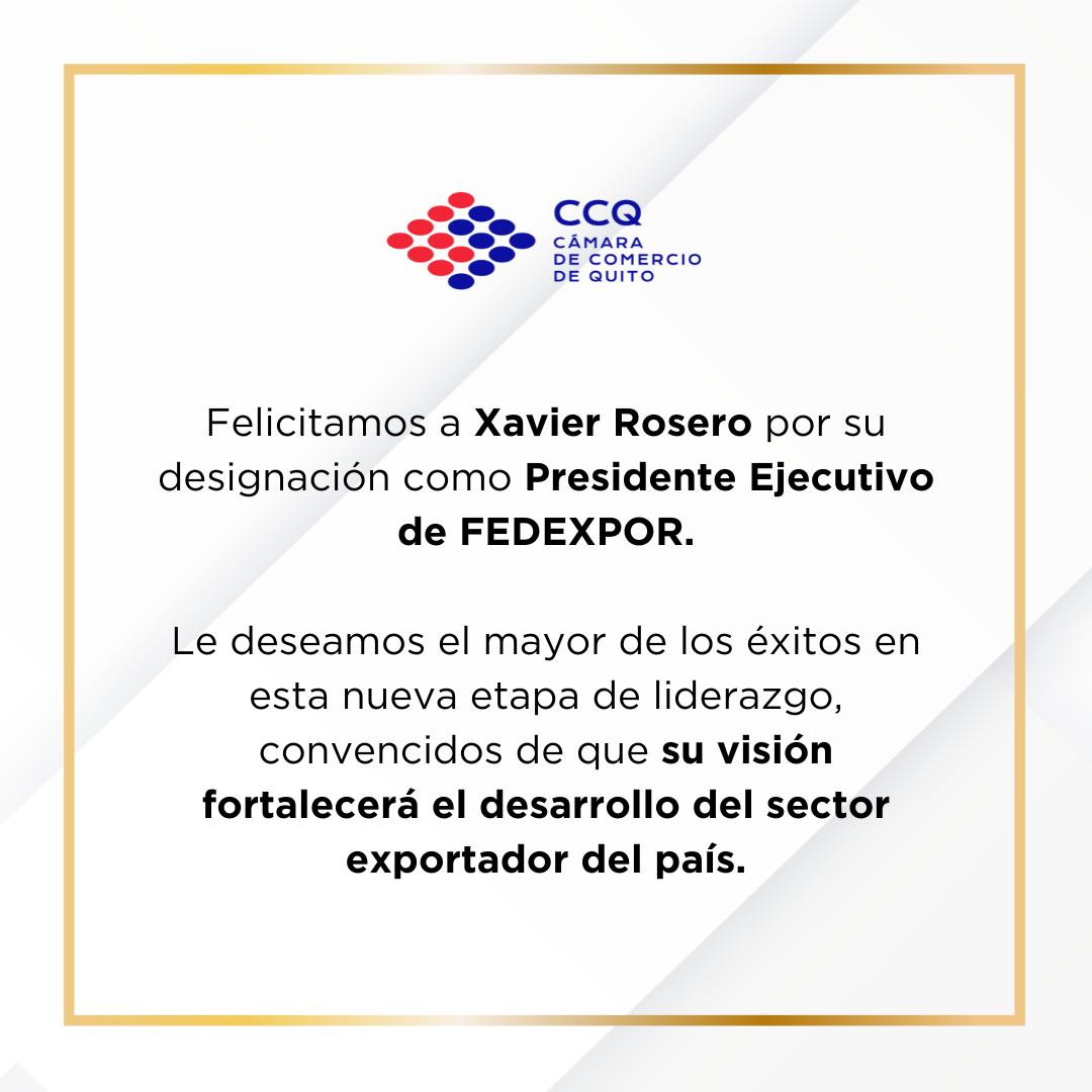 lacamaradequito's tweet image. Felicitamos a @xavirosero  por su designación como Presidente Ejecutivo de FEDEXPOR.

Desde la Cámara de Comercio de Quito reafirmamos nuestro compromiso de seguir trabajando juntos por el fortalecimiento del sector exportador del país. 🇪🇨🤝