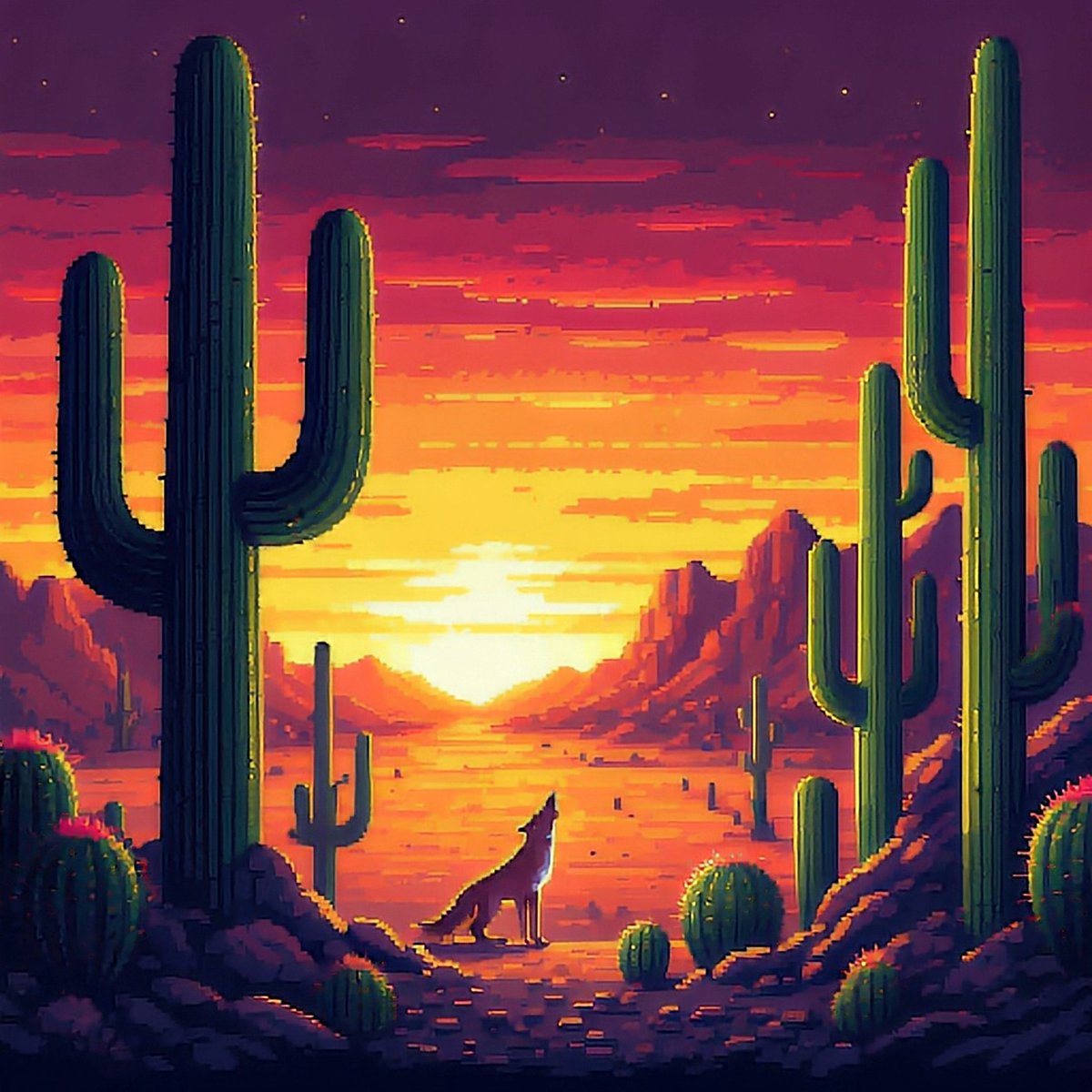 randomvisionsai's tweet photo. A pixel art desert scene with towering cacti, a lone coyote howling at the moon, and a vibrant sunset. https://t.co/1jT9Ogcnnr