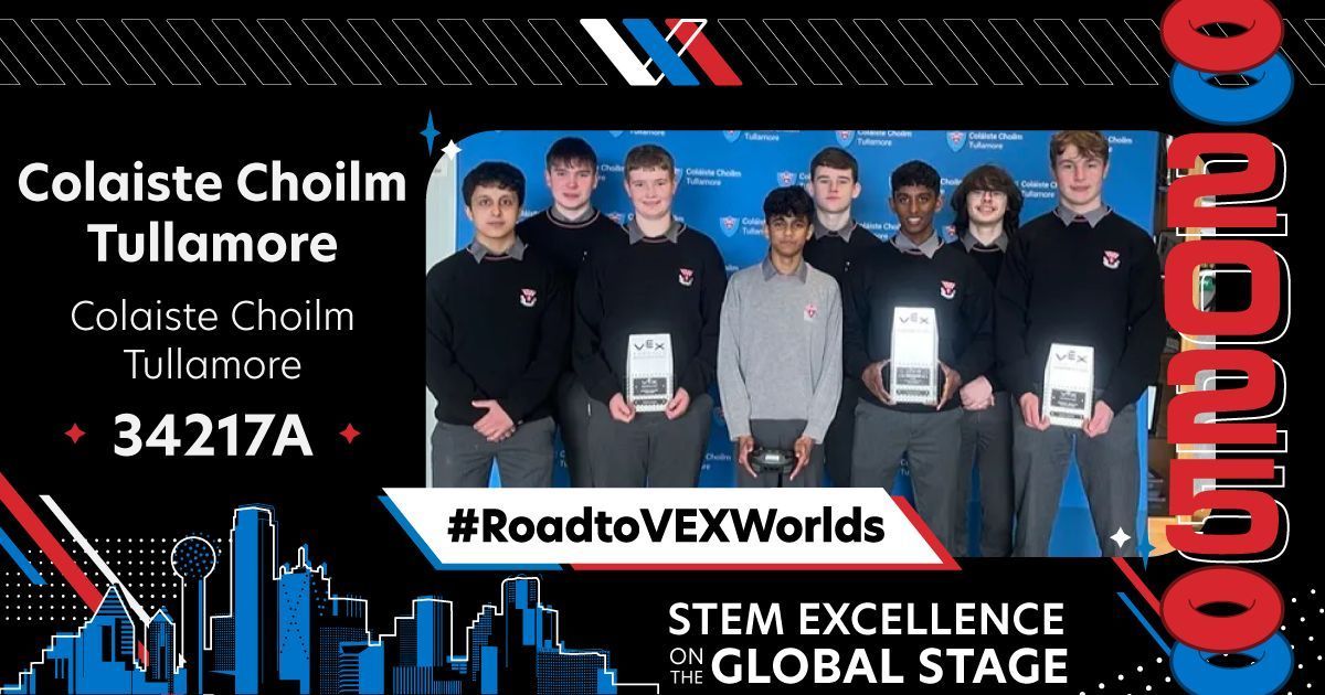 VEX Robotics Ireland (@vexroboticsie) on Twitter photo Kicking off our #RoadtoVEXWorlds for the 24/25 season is V5RC team 34217A - Colaiste Choilm Tullamore from <a href="/colaiste_choilm/">Coláiste Choilm</a> in Tullamore, Co Offaly 🙌
This High School team performed exceptionally at #VEXIrelandNationals, taking home the Design award & a spot at #VEXWorlds 🥳 Kicking off our #RoadtoVEXWorlds for the 24/25 season is V5RC team 34217A - Colaiste Choilm Tullamore from <a href="/colaiste_choilm/">Coláiste Choilm</a> in Tullamore, Co Offaly 🙌
This High School team performed exceptionally at #VEXIrelandNationals, taking home the Design award & a spot at #VEXWorlds 🥳