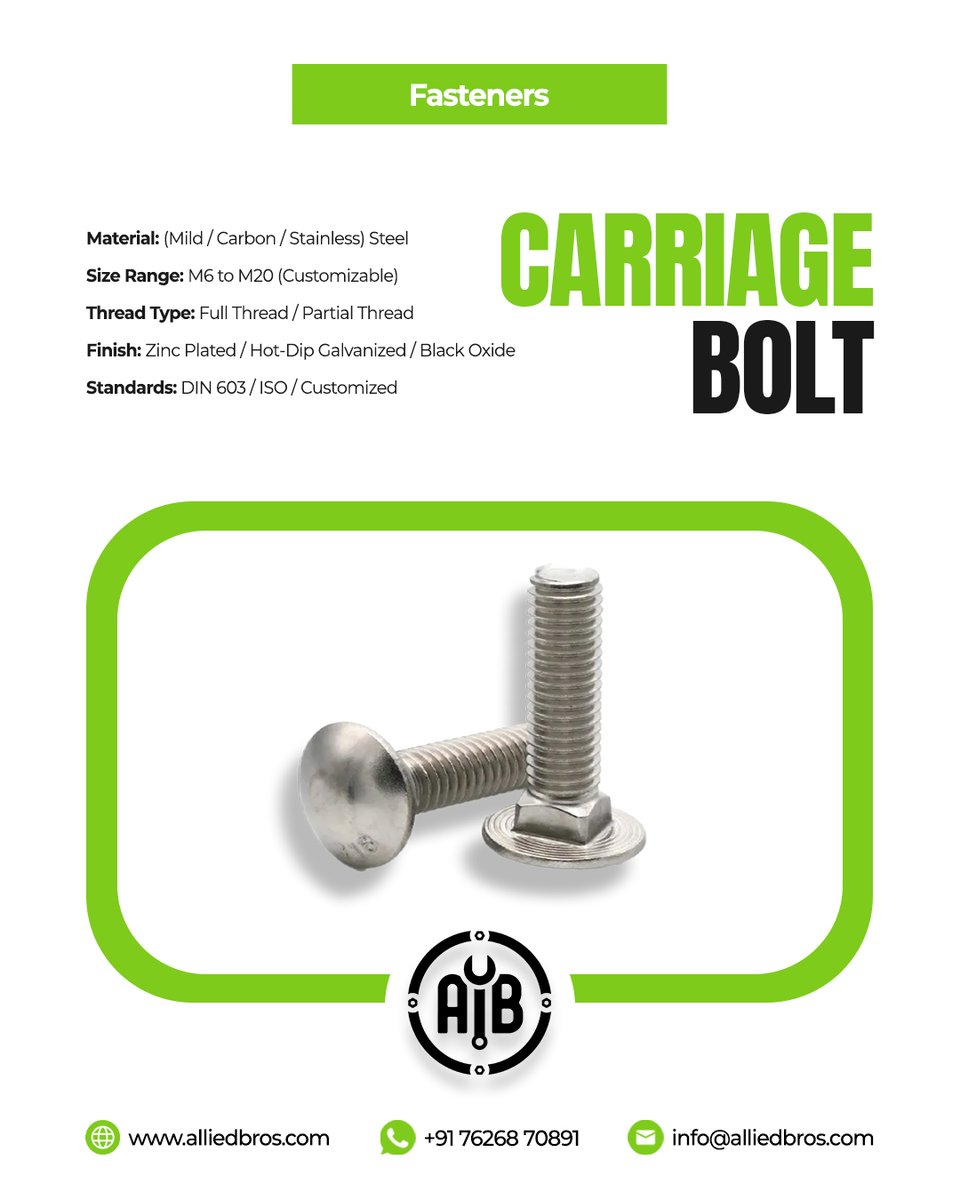 BrothersAllied's tweet photo. 🔩 Fasten with Strength and Precision!
.
Our Carriage Bolts deliver smooth finishes &amp; powerful fastening solutions for a variety of industrial &amp; construction needs.
.
Trusted for durability. 🌍
Choose bolts that are built to hold strong
.
📞 +91 76268 70891
📩 info@alliedbros.com https://t.co/yfkbEPtrov