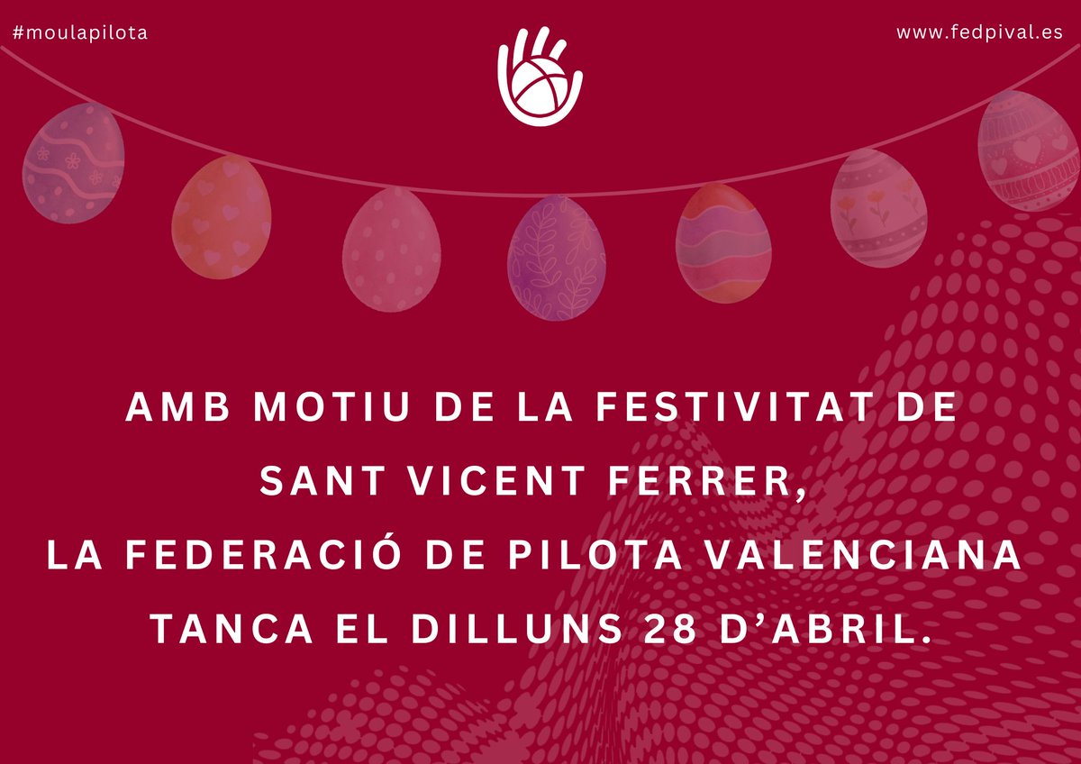 FEDERACIÓ - Amb motiu de la Setmana Santa, l'oficina de la FPV tanca el divendres 18 i el dilluns 21 d'abril.