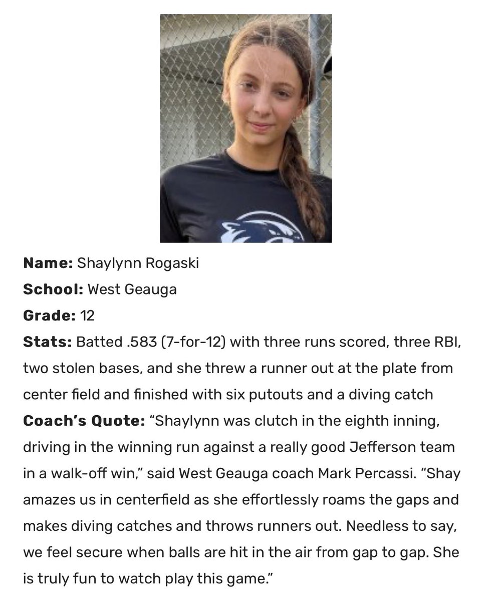 Chagrin Valley Conference Player Of The Week Shaylynn Rogaski!  Well earned Shay!