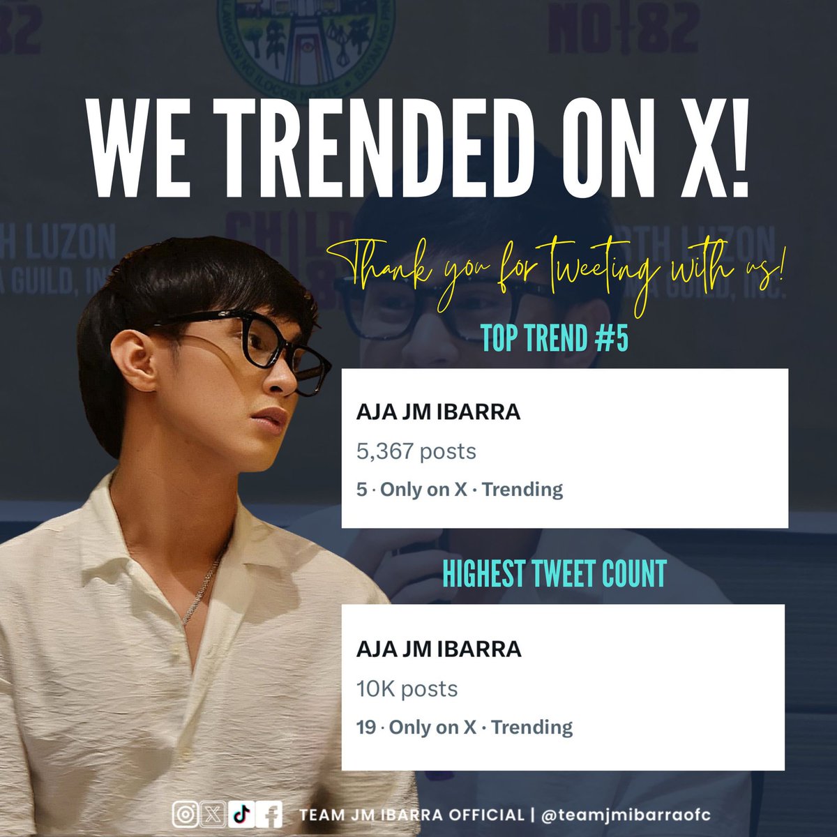 TeamJMIbarraOFC's tweet photo. We trended on X!

Thank you so much to everyone who joined our X party in support of JM Ibarra’s lock-in taping for his upcoming Cinemalaya film, Child No. 82. Your tweets, energy, and all-out love made this moment truly unforgettable.

Let’s keep the fire burning—AJA JM IBARRA is more than just a cheer, it’s a promise that we’re with him every step of the way. Keep shining, JM! We’re behind you all the way! 💙 
@cinemalayaoffcl @starmagicphils @gidgetdc @direklauren

AJA JM IBARRA

#JMIbarra | @jmdibarra_