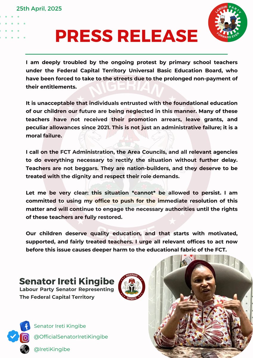 I am deeply troubled by the ongoing protest by primary school teachers under the Federal Capital Territory Universal Basic Education Board, who have been forced to take to the streets due to the prolonged non-payment of their entitlements.

It is unacceptable that individuals
