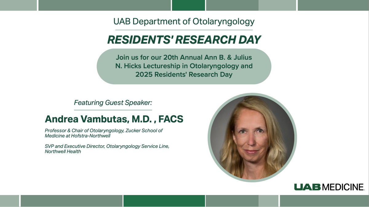 UAB Otolaryngology (@uab_oto) on Twitter photo TOMORROW: Our 20th Annual Ann B. & Julius N. Hicks Lectureship in Otolaryngology and 2025 Residents' Research Day featuring guest speaker, Andrea Vambutas, M.D., FACS, is tomorrow, April 26, 2025. Register here! buff.ly/wnnJUwi
<a href="/UABHeersink/">UAB Heersink School of Medicine</a> <a href="/ZuckerSoM/">Zucker School of Med</a> <a href="/NorthwellHealth/">Northwell Health</a> TOMORROW: Our 20th Annual Ann B. & Julius N. Hicks Lectureship in Otolaryngology and 2025 Residents' Research Day featuring guest speaker, Andrea Vambutas, M.D., FACS, is tomorrow, April 26, 2025. Register here! buff.ly/wnnJUwi
<a href="/UABHeersink/">UAB Heersink School of Medicine</a> <a href="/ZuckerSoM/">Zucker School of Med</a> <a href="/NorthwellHealth/">Northwell Health</a>