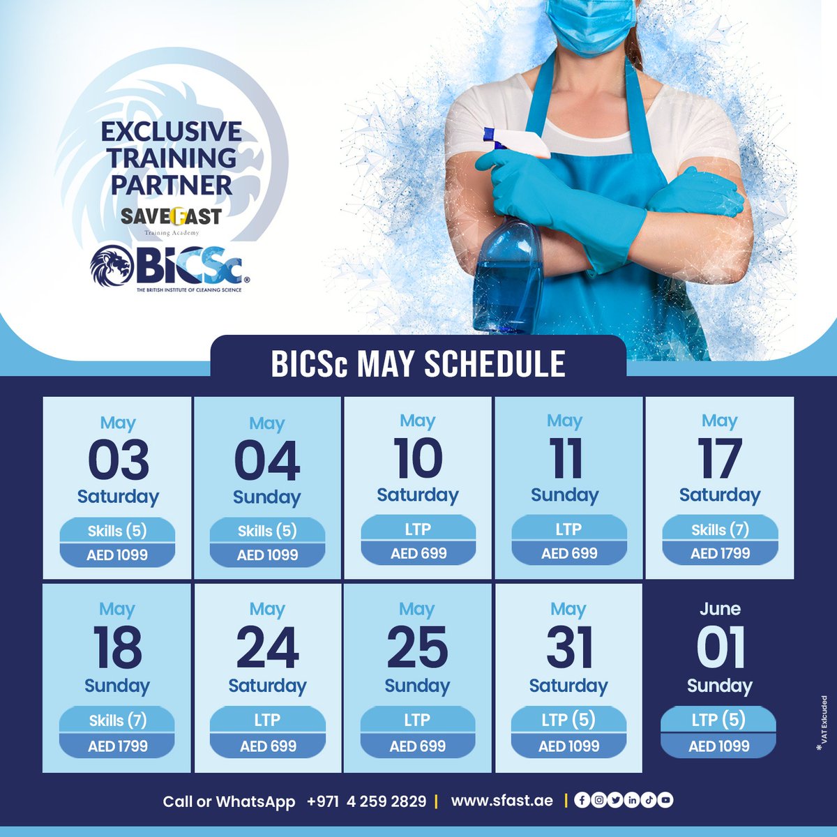 save_fast's tweet image. MAY BICSc Training Schedule is out!
Weekend classes now available for your convenience.
Learn from certified experts and boost your career in cleaning science.
Limited seats—register now!
📞 +971 4 259 2829
🔗 sfast.ae/courses/bicsc-…
#BICSc #CleaningIndustry #Dubai