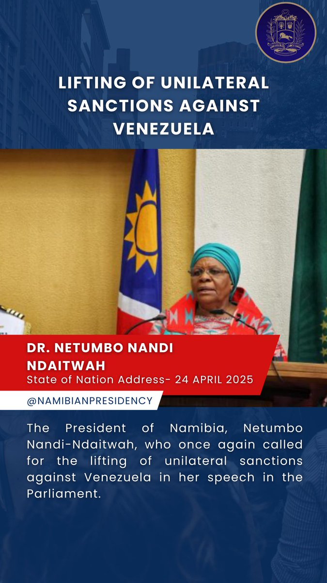 From @embavennam, we express our gratitude to <a href="/SWAPOPRESIDENT/">President Netumbo Ndemupelila Nandi-Ndaitwah</a> , who once again called for the lifting of unilateral sanctions against our country in her speech in the Parliament

This statement reaffirms the bonds of solidarity between our nations
#InternationalSolidarity