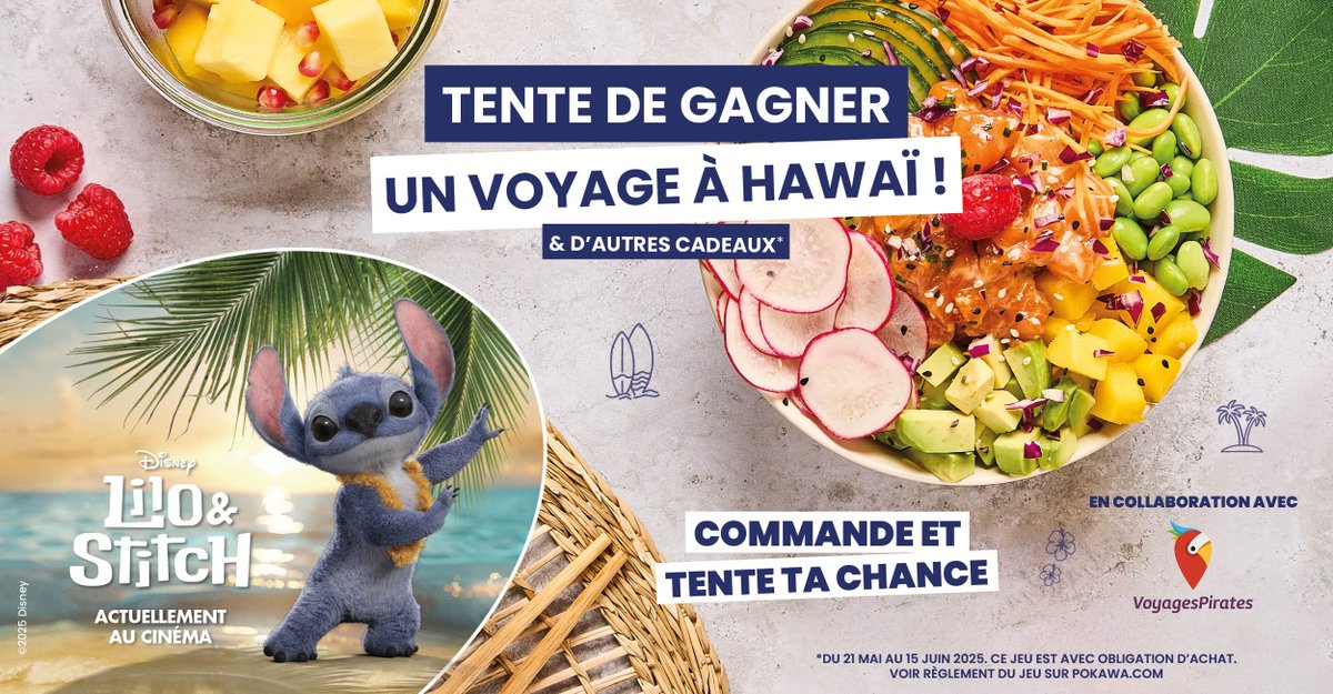 JEU CONCOURS POKAWA x DISNEY 🤩🌟​
​
Pokawa s’est associé à <a href="/DisneyFR/">Disney</a>  à l’occasion de la sortie du film Lilo &amp; Stitch dont l’univers colle parfaitement avec la Pokavibe ! 🏄🏻‍♀️​
Nous avons décidé de vous faire gagner un voyage direction Hawai grâce à <a href="/VoyagesPirates/">Voyages Pirates</a>  🏝️🌺