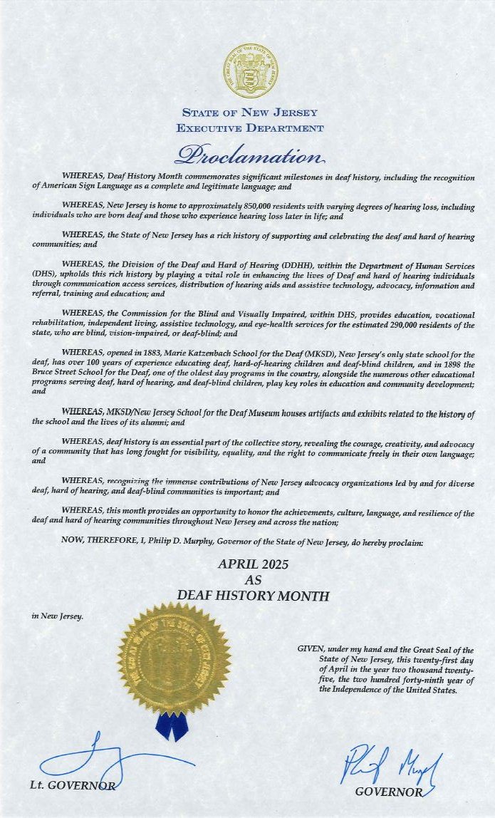 NJHumanServices (@njdhs) on Twitter photo .<a href="/GovMurphy/">Governor Phil Murphy</a> has officially declared April as #DeafHistoryMonth in New Jersey! This is a time to honor the contributions, culture, and history of the Deaf and Hard of Hearing community. Learn more: nj.gov/humanservices/… #DeafHistoryMonth #AccessibilityMatters #Inclusion .<a href="/GovMurphy/">Governor Phil Murphy</a> has officially declared April as #DeafHistoryMonth in New Jersey! This is a time to honor the contributions, culture, and history of the Deaf and Hard of Hearing community. Learn more: nj.gov/humanservices/… #DeafHistoryMonth #AccessibilityMatters #Inclusion