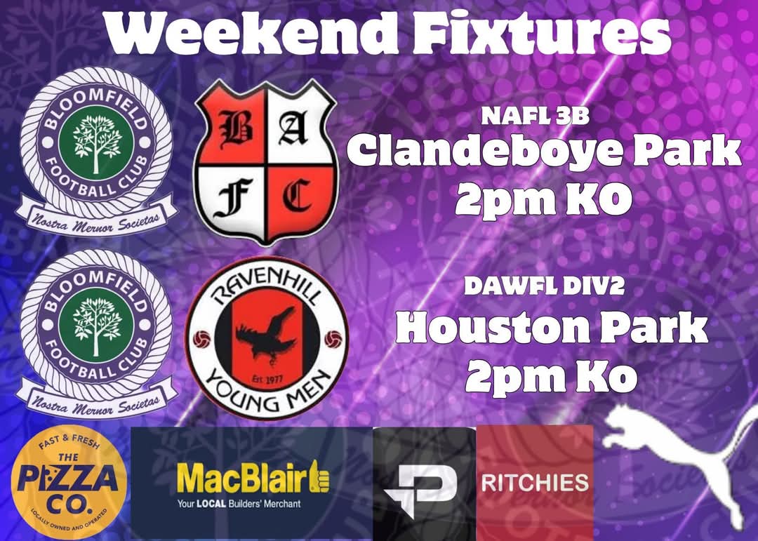 🏆Fixtures 26.04.25🏆

Our seconds travel to Bangor Amateurs FC in their penultimate game of the season whilst our thirds finish off their campaign at home to Ravenhill YM FC 

All support welcome 💜

<a href="/MacBlair5/">MacBlair</a> 
<a href="/ProD_Soccer/">Pro:Direct Soccer</a> 
Ritchies 
Pizza-co