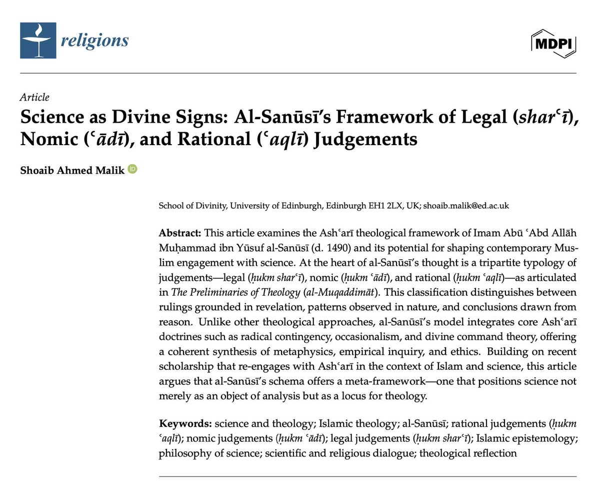 One reviewer did everything possible to block this paper—ideological bias, baseless critiques, the works—but alhamdulillah, the editorial board saw through it. I'm thrilled to share that my paper on al-Sānūsī and his judgments (aḥkām) in relation to science is now published.