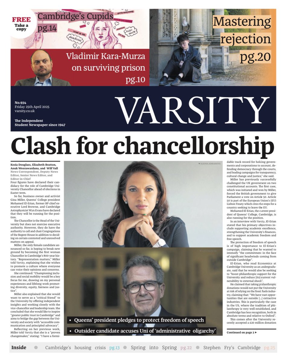 wilfvall00's tweet image. Our last Varsity print edition of term is out today! You can pick it up in your nearest porters lodge/faculty:
INSIDE:
- Four candidates in the running for Chancellorship
- Uni expelled zero students for sexual misconduct last year
- Chat GPT usage up 13% in last two years!