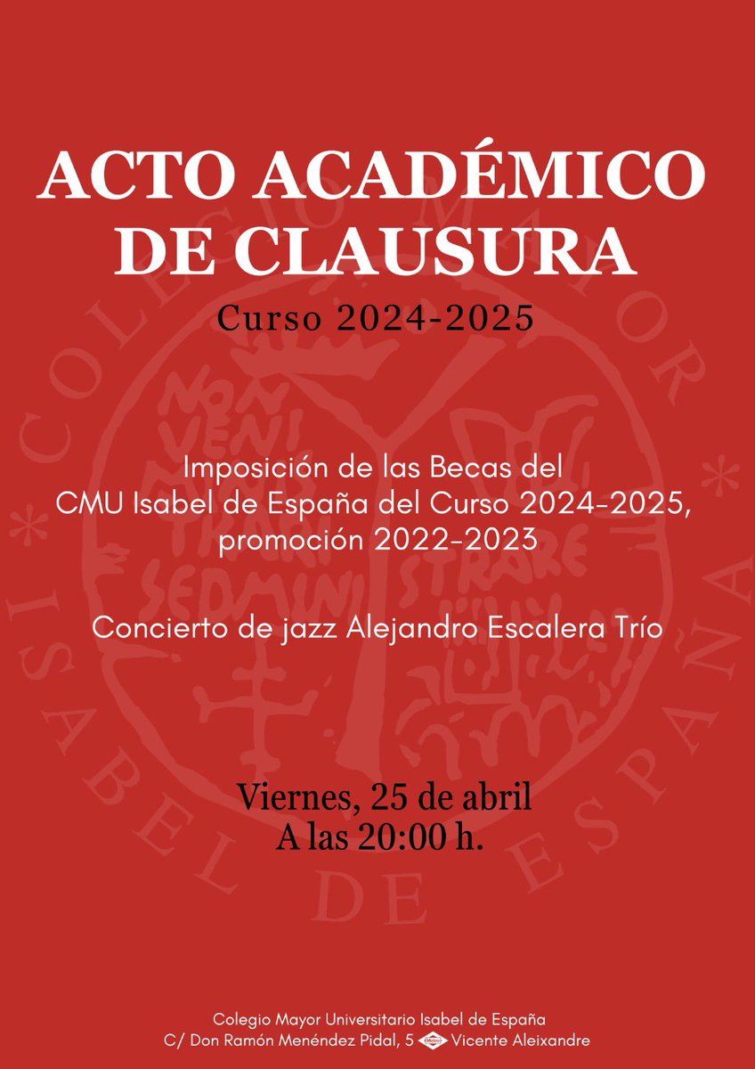 Hoy, 25 de abril, se llevará a cabo el Acto Académico de Clausura del curso 2024-2025 y la imposición de las Becas del CMU Isabel de España, promoción 2022-2023.
A continuación, disfrutaremos de un concierto de jazz, a cargo de Alejandro Escalera Trío.