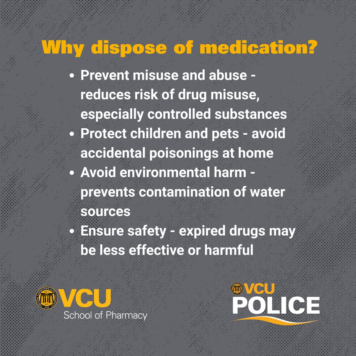 VCU Police (@vcupd) on Twitter photo We’re proud to partner with students from <a href="/VCUPharmacy/">VCU School of Pharmacy</a> on this year’s DEA Drug Take Back Day event. Bring expired or unused medication to The Commons Plaza (907 Floyd Ave., Richmond, VA 23284) between 9 a.m. and 1 p.m. this Saturday.
In August last year, the DEA collected We’re proud to partner with students from <a href="/VCUPharmacy/">VCU School of Pharmacy</a> on this year’s DEA Drug Take Back Day event. Bring expired or unused medication to The Commons Plaza (907 Floyd Ave., Richmond, VA 23284) between 9 a.m. and 1 p.m. this Saturday.
In August last year, the DEA collected