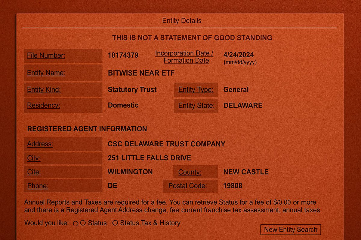 BITWISE FILES FOR FIRST-EVER NEAR ETF IN U.S. Bitwise has officially  registered a new entity, 