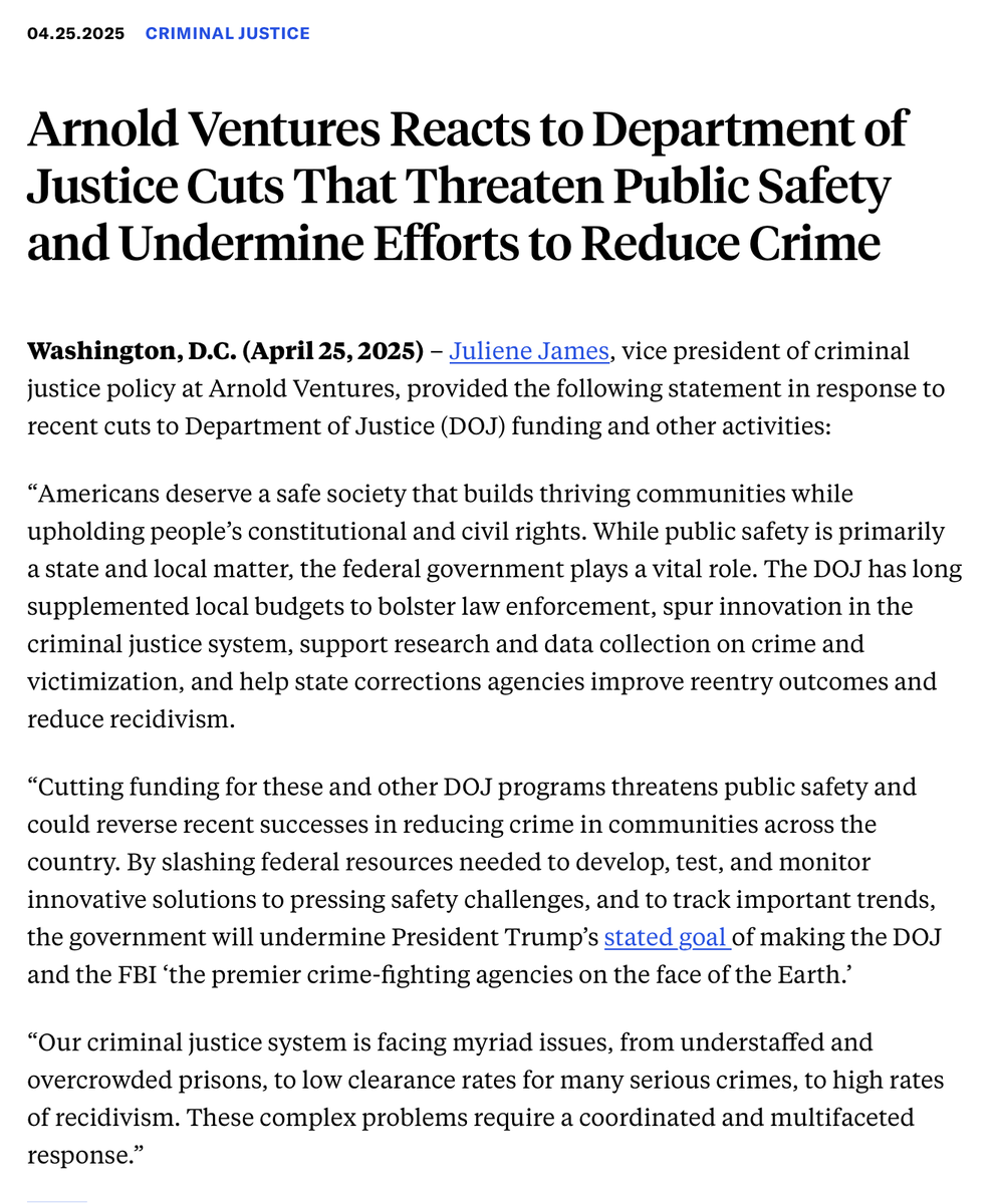 Jennifer Doleac (@jenniferdoleac) on Twitter photo .<a href="/Arnold_Ventures/">Arnold Ventures</a> statement re: recent DOJ cuts. We need more funding to improve public safety, not less. .<a href="/Arnold_Ventures/">Arnold Ventures</a> statement re: recent DOJ cuts. We need more funding to improve public safety, not less.