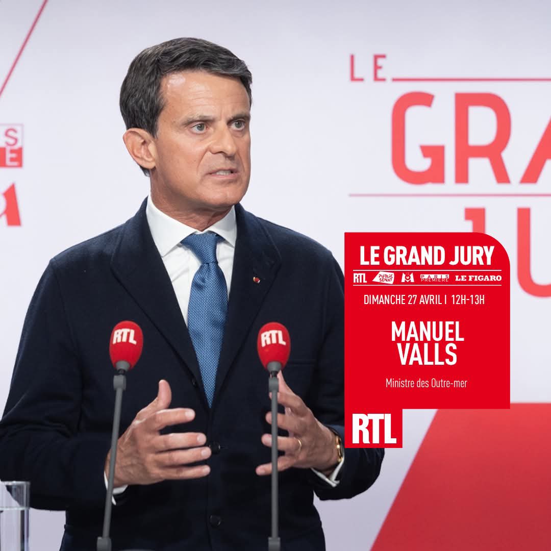 RTL France (@rtlfrance) on Twitter photo 🎙️🔴🗣️ Dimanche 27 avril à partir de 12H, le ministre des Outre-mer, Manuel Valls sera dans <a href="/LeGrandJury/">Le Grand Jury</a>. Il sera interrogé par <a href="/ThomasDespre/">Thomas Despre</a> (#RTL), <a href="/paulineB/">Pauline Buisson</a> (<a href="/m6info/">M6 Info</a>), Steve Jourdin (<a href="/publicsenat/">Public Sénat</a>) et <a href="/jimjarrasse/">Jim Jarrassé</a> (<a href="/Le_Figaro/">Le Figaro</a>) 🎙️🔴🗣️ Dimanche 27 avril à partir de 12H, le ministre des Outre-mer, Manuel Valls sera dans <a href="/LeGrandJury/">Le Grand Jury</a>. Il sera interrogé par <a href="/ThomasDespre/">Thomas Despre</a> (#RTL), <a href="/paulineB/">Pauline Buisson</a> (<a href="/m6info/">M6 Info</a>), Steve Jourdin (<a href="/publicsenat/">Public Sénat</a>) et <a href="/jimjarrasse/">Jim Jarrassé</a> (<a href="/Le_Figaro/">Le Figaro</a>)