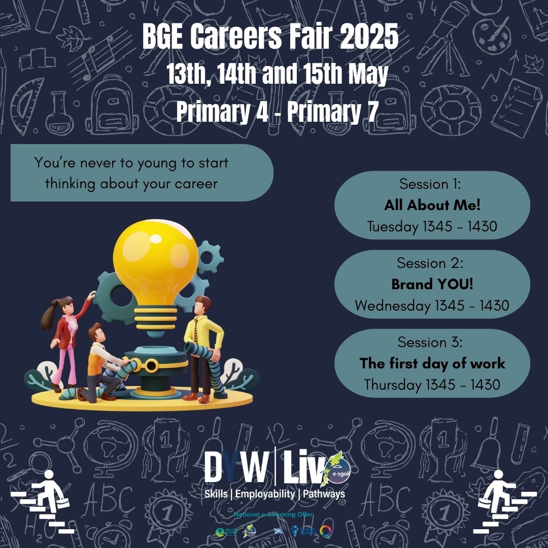 DYWLive (@dywlive) on Twitter photo Running in conjunction with our BGE Careers Fair is
A First Look at the World of Work.
P4 - P7
3 x 45 minute sessions over 3 days
13th at 1345
14th at 1345
15th at 1345
🔗e-sgoil.com/dyw-live/event…
<a href="/ESskills/">EdScotSkills3-18</a> <a href="/eSgoil/">e-Sgoil</a> <a href="/EducationScot/">Education Scotland</a> <a href="/DYWScot/">DYW Scotland</a> #NeLO Running in conjunction with our BGE Careers Fair is
A First Look at the World of Work.
P4 - P7
3 x 45 minute sessions over 3 days
13th at 1345
14th at 1345
15th at 1345
🔗e-sgoil.com/dyw-live/event…
<a href="/ESskills/">EdScotSkills3-18</a> <a href="/eSgoil/">e-Sgoil</a> <a href="/EducationScot/">Education Scotland</a> <a href="/DYWScot/">DYW Scotland</a> #NeLO