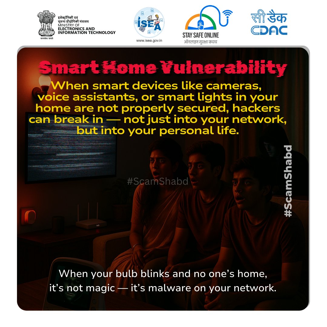 SSOIndia's tweet image. #ScamShabd
Your smart light just blinked.
No one&apos;s home.
It&apos;s not spooky—it&apos;s spyware.
🛡 Secure your smart home devices before hackers do!

#ScamShabd #SmartHomeSecurity #IoTSecurity #CyberAlert #HomeHacked #DigitalSafety #MalwareAlert #CyberAwareness #SmartDeviceHacks…