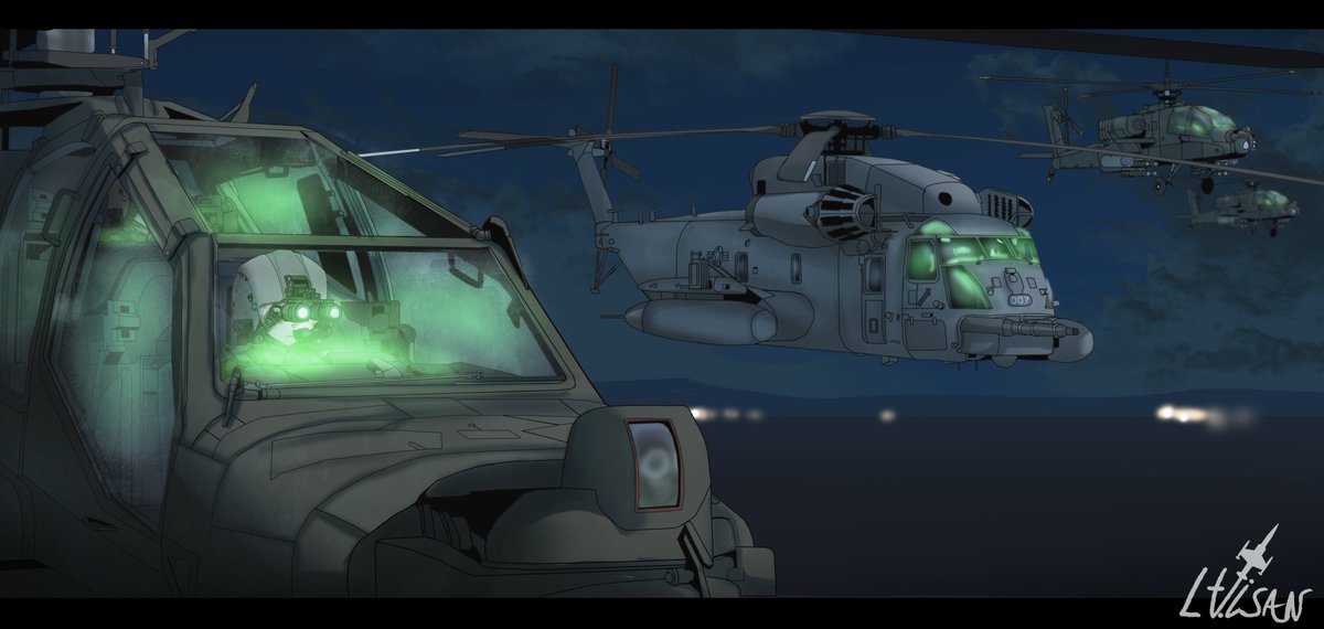 =The First Shots To Explode=
Operation Normandy saw 2 flights of 4 Apaches each led by an MH53 to destroy two Iraqi radar stations.
The two radar stations would be leveled by 27 hellfires, 100 70mm rockets and thousands of 30mm rounds in 4mins
-
-
-
#AnimeArt #AviationArt #Anime