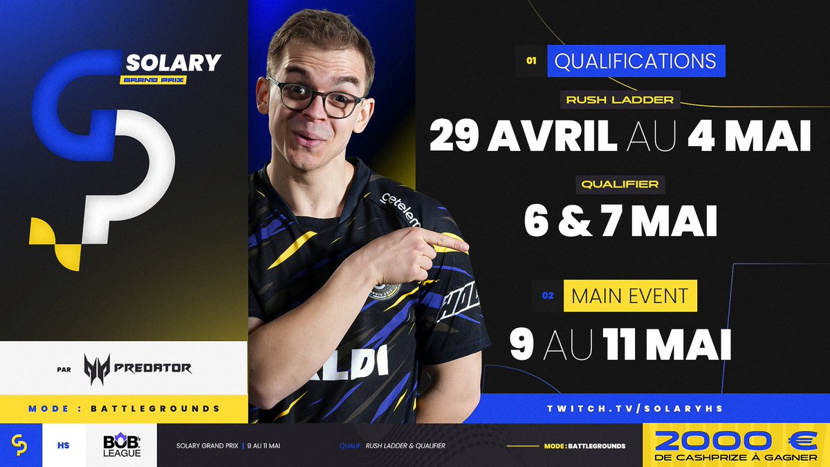 Solary (@solarytv) on Twitter photo Nouveau Solary GP by <a href="/PredatorFrance/">Predator Gaming 🇫🇷</a> pour la saison 10 de Battlegrounds ✌️😁
Viens te qualifier via le Rush Ladder ou le qualifier pour tenter de remporter 2000€ de cashprize !
Inscription Rush 👉 bit.ly/RushSolaryGP10
Inscription Qualifier 👉 bit.ly/QualifierSolar… Nouveau Solary GP by <a href="/PredatorFrance/">Predator Gaming 🇫🇷</a> pour la saison 10 de Battlegrounds ✌️😁
Viens te qualifier via le Rush Ladder ou le qualifier pour tenter de remporter 2000€ de cashprize !
Inscription Rush 👉 bit.ly/RushSolaryGP10
Inscription Qualifier 👉 bit.ly/QualifierSolar…