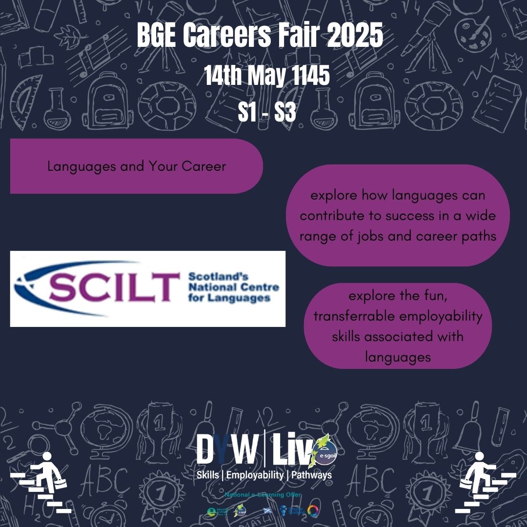 DYWLive (@dywlive) on Twitter photo Running in conjunction with our BGE Careers Fair is
<a href="/scottishcilt/">SCILT</a>
S1 - S3
14th May 1145
🔗e-sgoil.com/dyw-live/event…
<a href="/ESskills/">EdScotSkills3-18</a> <a href="/eSgoil/">e-Sgoil</a> <a href="/EducationScot/">Education Scotland</a> <a href="/DYWScot/">DYW Scotland</a> #NeLO Running in conjunction with our BGE Careers Fair is
<a href="/scottishcilt/">SCILT</a>
S1 - S3
14th May 1145
🔗e-sgoil.com/dyw-live/event…
<a href="/ESskills/">EdScotSkills3-18</a> <a href="/eSgoil/">e-Sgoil</a> <a href="/EducationScot/">Education Scotland</a> <a href="/DYWScot/">DYW Scotland</a> #NeLO