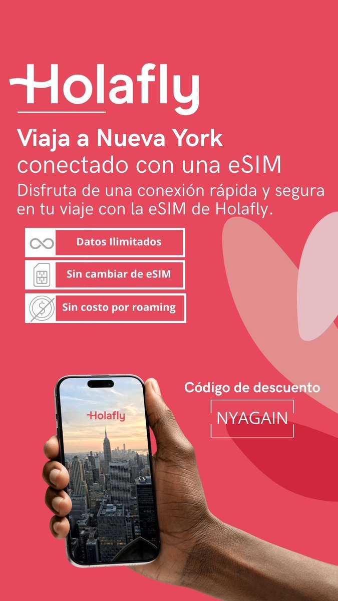 Si necesitan estar conectados en sus viajes con mi código: NYAGAIN reciben un 5% de descuento en la compra de una esim con datos ilimitados para cualquier lugar del mundo.
Compra acá 👉🏼 holafly.sjv.io/19RaaD