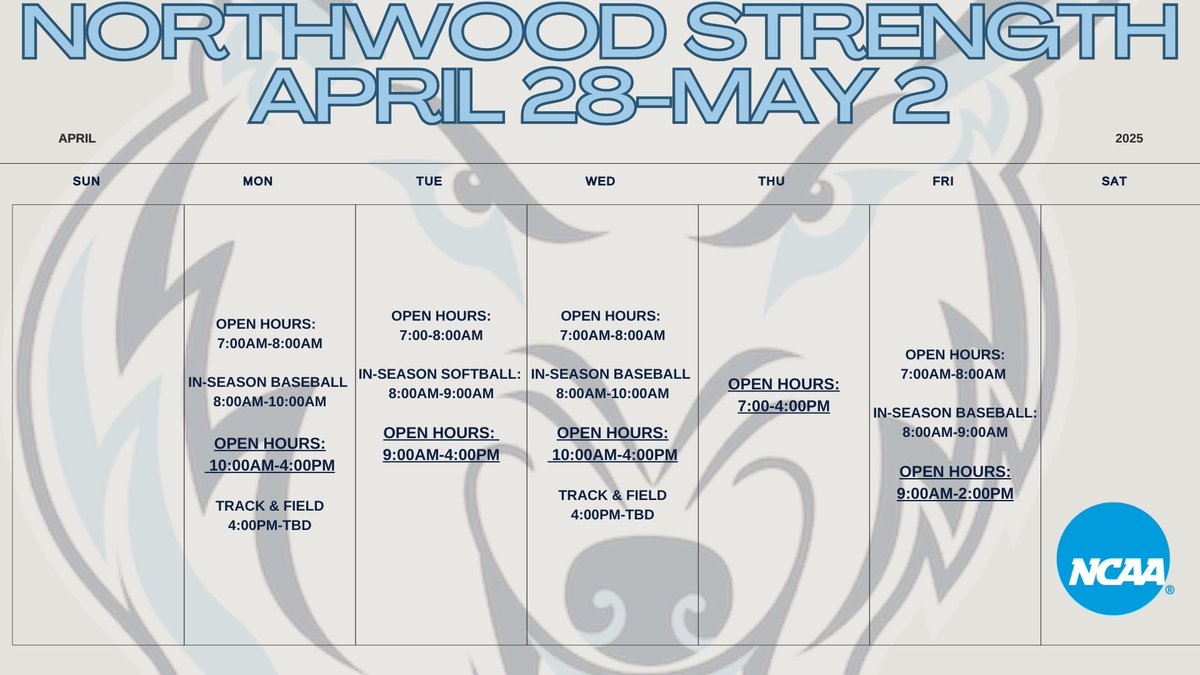 Please see our Weight Room Schedule for next week!  <a href="/nutimberwolves/">Northwood Athletics</a>