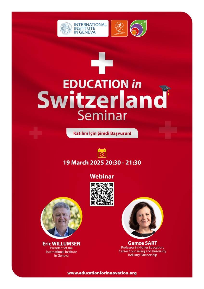 AbaEgitim's tweet image. 📣 Online Seminer Duyurusu 🇨🇭🎓
💡 &quot;Education in Switzerland&quot; başlıklı seminerimize davetlisiniz!
📅 Tarih: 29 Nisan 2025
⏰ Saat: 20:30
💻 Seminer Linki (Zoom):
🔗 zoom.us/j/96480793334?…

@GamzeSart @e4i_vakfi