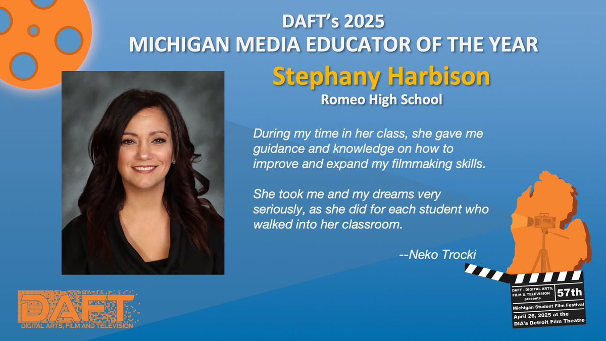 Romeo Schools (@romeoschools) on Twitter photo Congratulations to <a href="/RomeoHighSchool/">RomeoHighSchool</a> video production teacher Stephany Harbison on being named the Digital Arts Film and Television (DAFT) Michigan Educator of the Year!
Mrs. Harbison will be recognized on April 26 at the DIA’s Detroit Film Theatre. Congratulations to <a href="/RomeoHighSchool/">RomeoHighSchool</a> video production teacher Stephany Harbison on being named the Digital Arts Film and Television (DAFT) Michigan Educator of the Year!
Mrs. Harbison will be recognized on April 26 at the DIA’s Detroit Film Theatre.