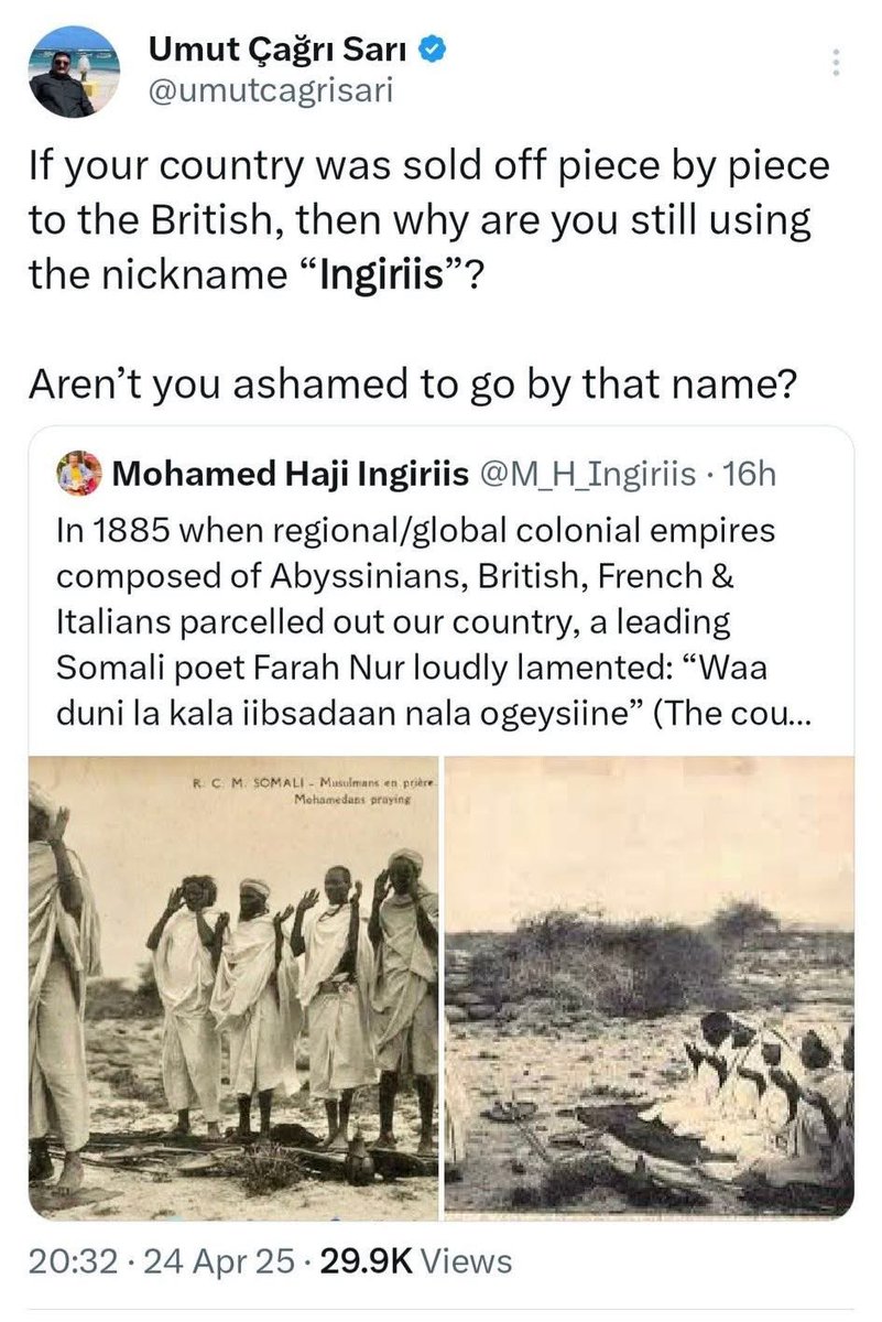 Prof Ingiriis VS Prof Turki ah.
, Prof-ka Turkida Haddii gumeystayaashu ay dalkaaga gabal-gabal u iibsadeen, maxaa u wadataa Naaneysta Ingiriis?."

X [Twitter} Somali iyo Turki