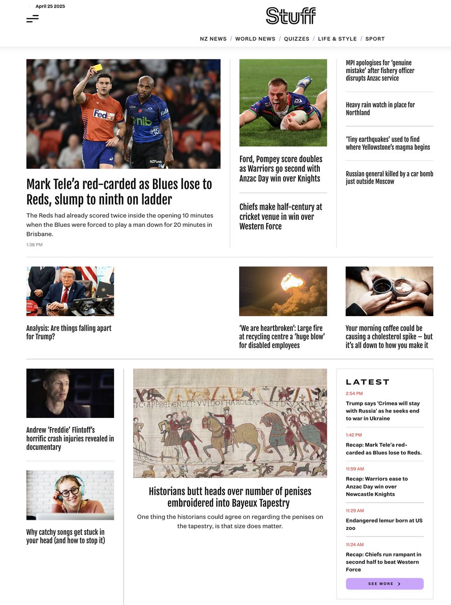 Anzac Day. 25 April. National day of remembrance in NZ and Australia to commemorate those who lost their lives in military conflicts. This is how NZ's leading media outlet reports. FFS... Someone said a country gets the politicians it deserves. Same goes for the media.