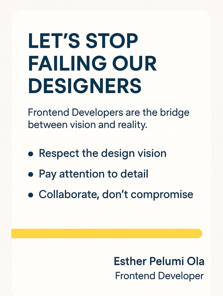P_tomiwa_'s tweet image. Dear Frontend Devs, Designers often say:The final build didn’t reflect my design. And they’re not wrong.We&apos;re the bridge between vision &amp;amp; reality  but too often, spacing, typography, and animations get lost.Let’s do better. Let’s bring designs to life.
#FrontendDev #DesignToCode
