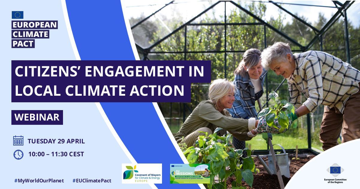 📢 Join the #EUClimatePact webinar on 29 April (10:00–11:30 CEST)
💬 Citizens’ engagement in local #climate action: tools, EU support &amp; real examples from across Europe.
📱 Register now: buff.ly/VMLlJqS 
#MyWorldOurPlanet #ClimateAction