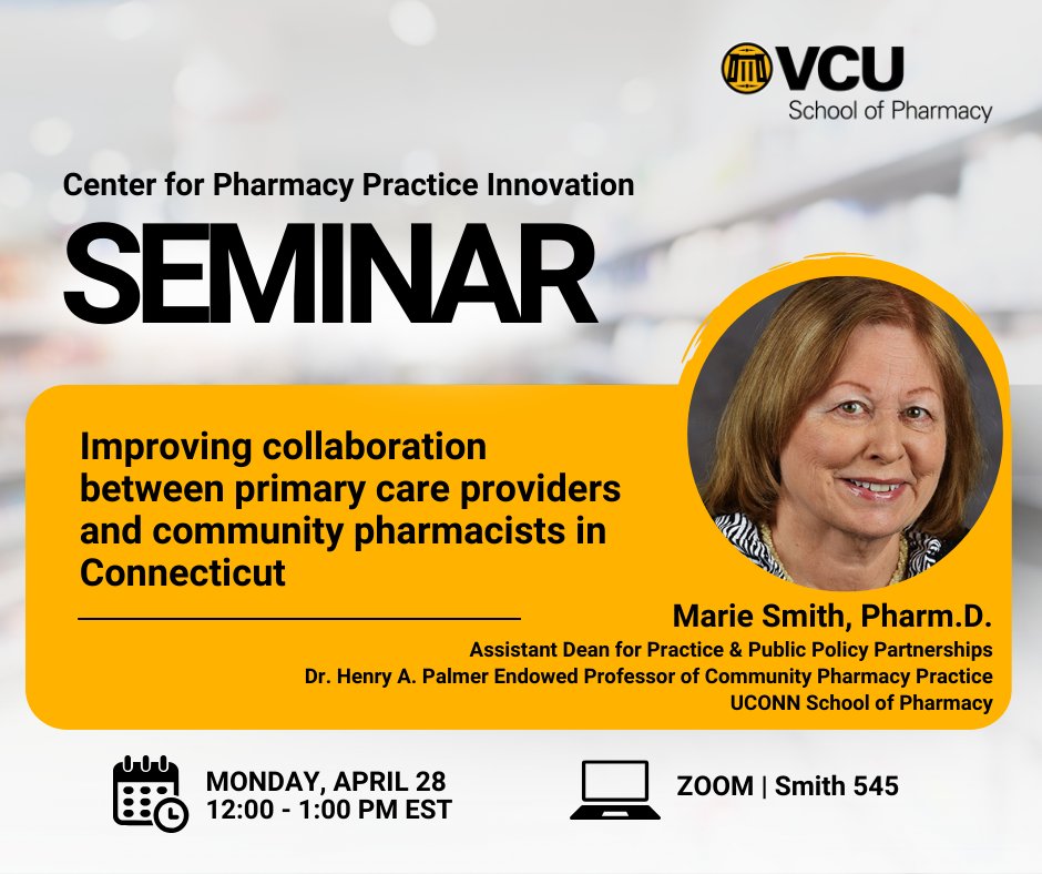 Center for Pharmacy Practice Innovation (@vcupharmacycppi) on Twitter photo Come learn from #CPPI affiliate faculty member Marie Smith, Pharm.D. from <a href="/UConnPharmacy/">UConn Pharmacy</a> as she discusses improving collaboration between primary care providers and community pharmacists in Connecticut.
April 28 | 12:00 p.m. | Zoom
Register: bit.ly/CPPISeminar Come learn from #CPPI affiliate faculty member Marie Smith, Pharm.D. from <a href="/UConnPharmacy/">UConn Pharmacy</a> as she discusses improving collaboration between primary care providers and community pharmacists in Connecticut.
April 28 | 12:00 p.m. | Zoom
Register: bit.ly/CPPISeminar