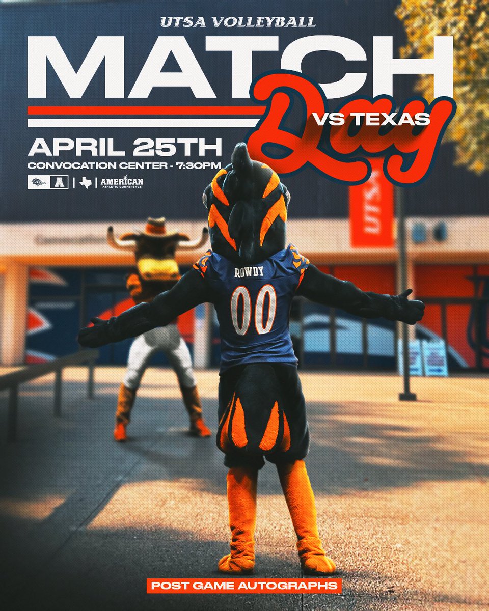 Taking on Texas and while supplies last you can snag this exclusive Match Day poster on the way in! 

🆚: Texas 
⏰: 7:30 p.m. 
📍: San Antonio, TX 
🏟️: The Convo 
🎟️: goUTSA.com/texas

#BirdsUp 🤙 | #LetsGo210