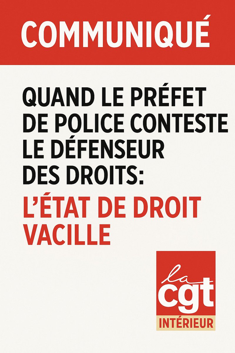 CGT INTÉRIEUR (@cgt_interieur) on Twitter photo 1/ 🔴 Quand le préfet de police conteste le Défenseur des droits, c’est l’État de droit qui vacille.
Notre communiqué <a href="/cgt_interieur/">CGT INTÉRIEUR</a> dénonce ce déni institutionnel 👇
📄 interieur-cgt.fr/actualites/qua… 1/ 🔴 Quand le préfet de police conteste le Défenseur des droits, c’est l’État de droit qui vacille.
Notre communiqué <a href="/cgt_interieur/">CGT INTÉRIEUR</a> dénonce ce déni institutionnel 👇
📄 interieur-cgt.fr/actualites/qua…