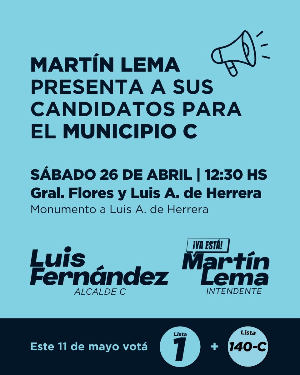 ¡Acompañanos este SÁBADO 26 junto a <a href="/MartinLemaUy/">Martin Lema</a>! 

🕧 12:30 hs
📍 General Flores y Luis Alberto de Herrera (Monumento a Luis Alberto de Herrera)

#LuisAlcaldeC #YaEstá #MartínLemaIntendente