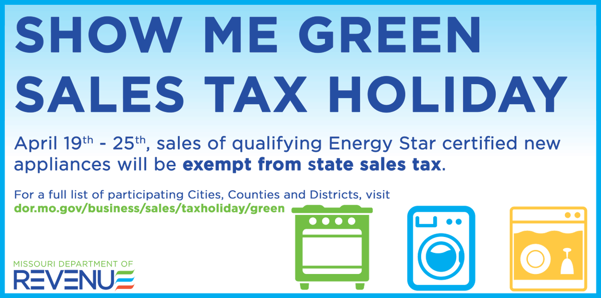 MissouriRevenue's tweet image. 🚨 Missouri’s annual Show Me Green Sales Tax Holiday ends tonight!

Hurry now and save big on qualifying #EnergyStar appliances. For a complete list of qualifying items and frequently asked questions, visit dor.mo.gov/taxation/busin… for details.